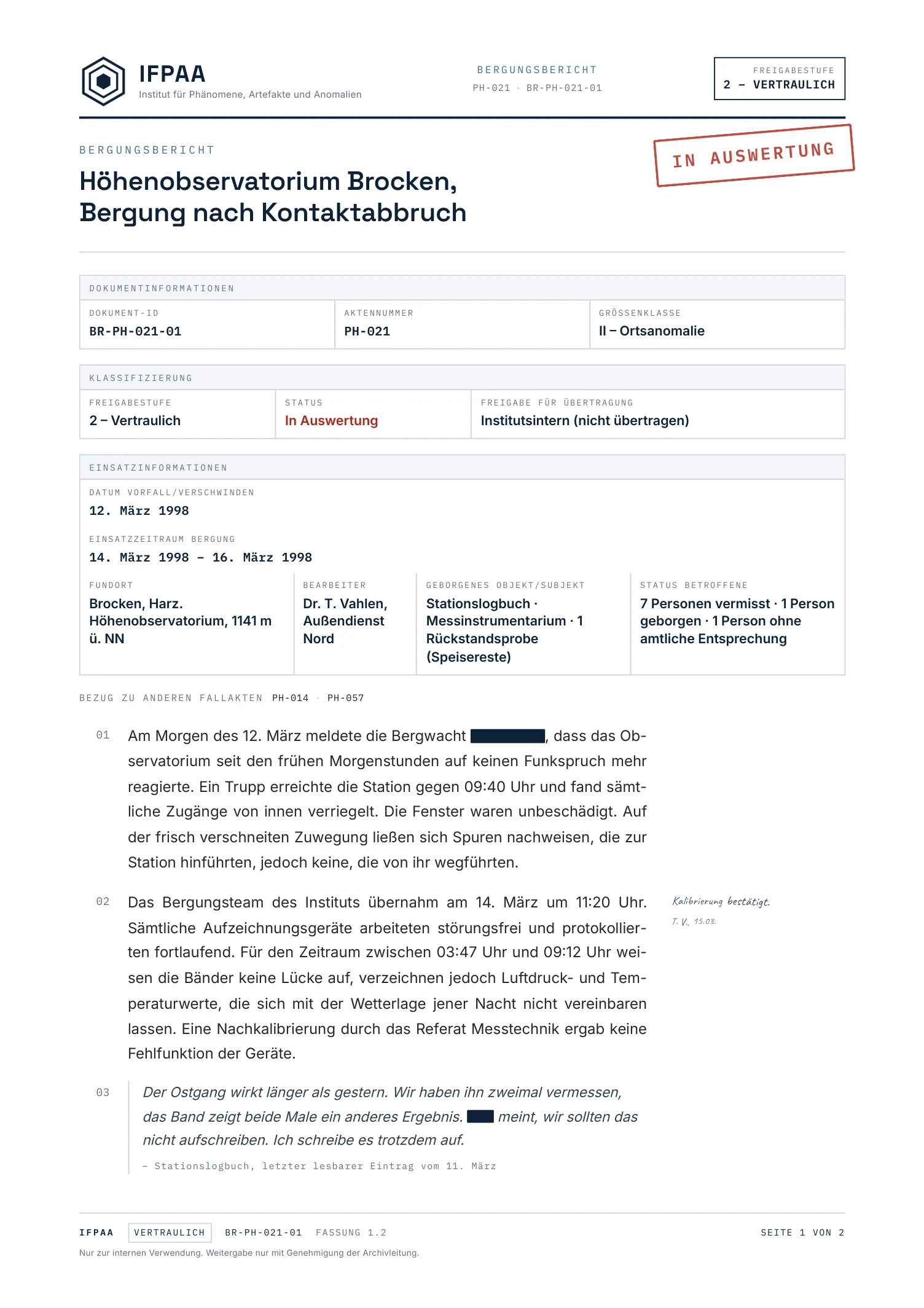 Bergungsbericht BR-PH-021-01, Seite 1 von 2