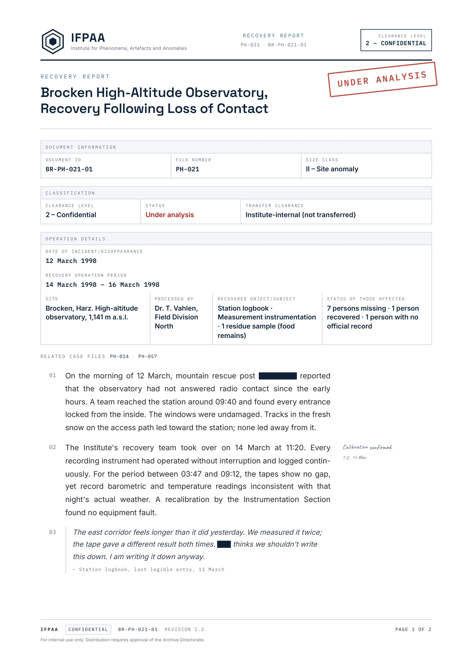Recovery report BR-PH-021-01, page 1 of 2